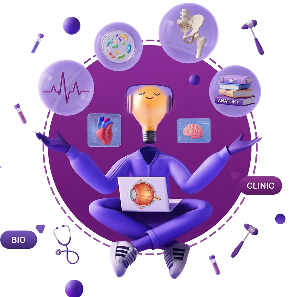 Medical education illustration — study and clinical learning
